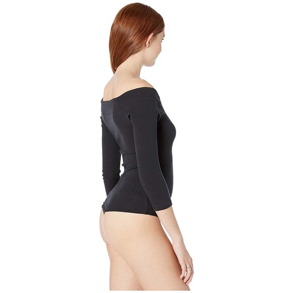 Free People Ribbed Bardot V-Neck Bodysuit in Black Size Small - Picture 2 of 11